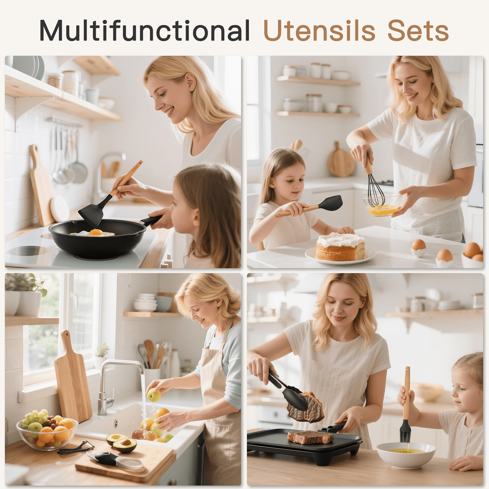 Astercook Silicone Cooking Utensils Set, 38 PCS Kitchen Utensils Set for 446°F Heat Resistant, Food Grade Utensil Sets with Wooden Handle, Kitchen Gadgets for Nonstick Cookware BPA Free (Black)