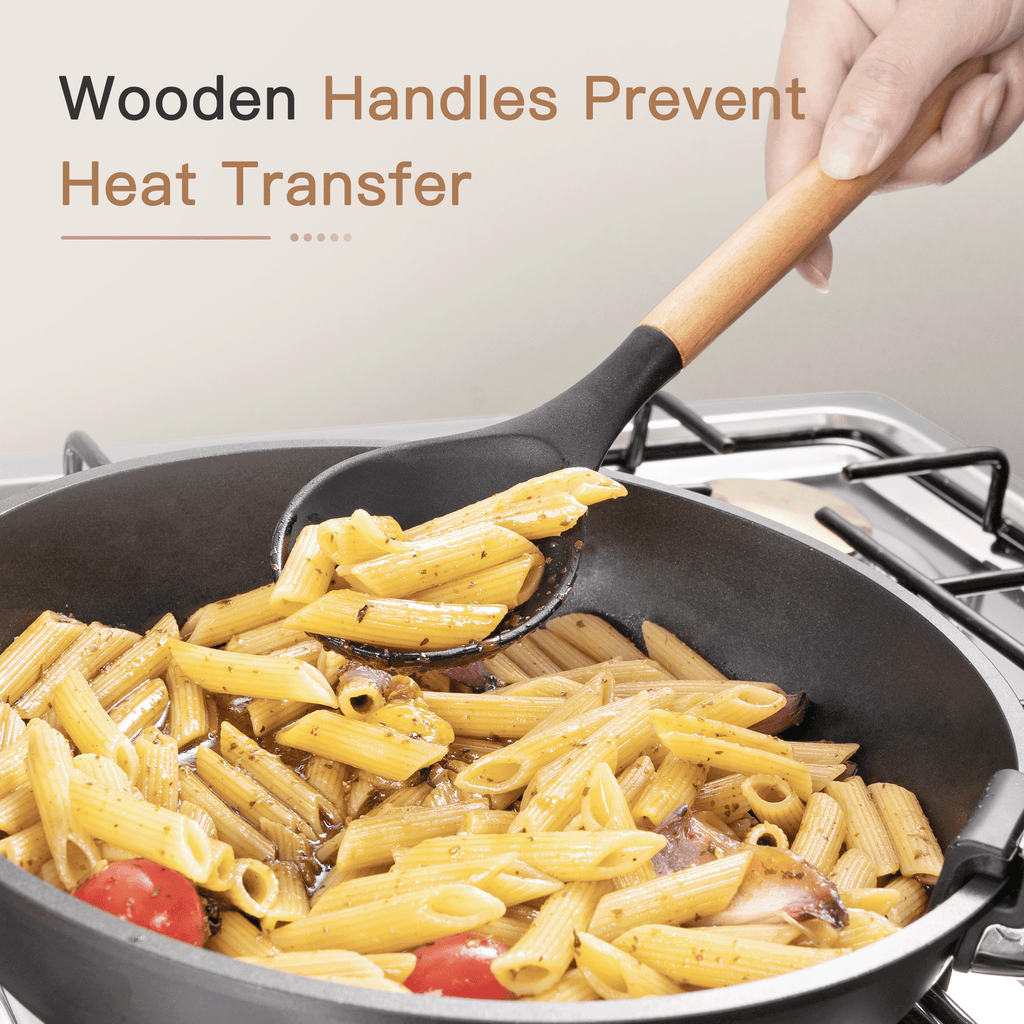 Astercook Silicone Cooking Utensils Set, 38 PCS Kitchen Utensils Set for 446°F Heat Resistant, Food Grade Utensil Sets with Wooden Handle, Kitchen Gadgets for Nonstick Cookware BPA Free (Black)