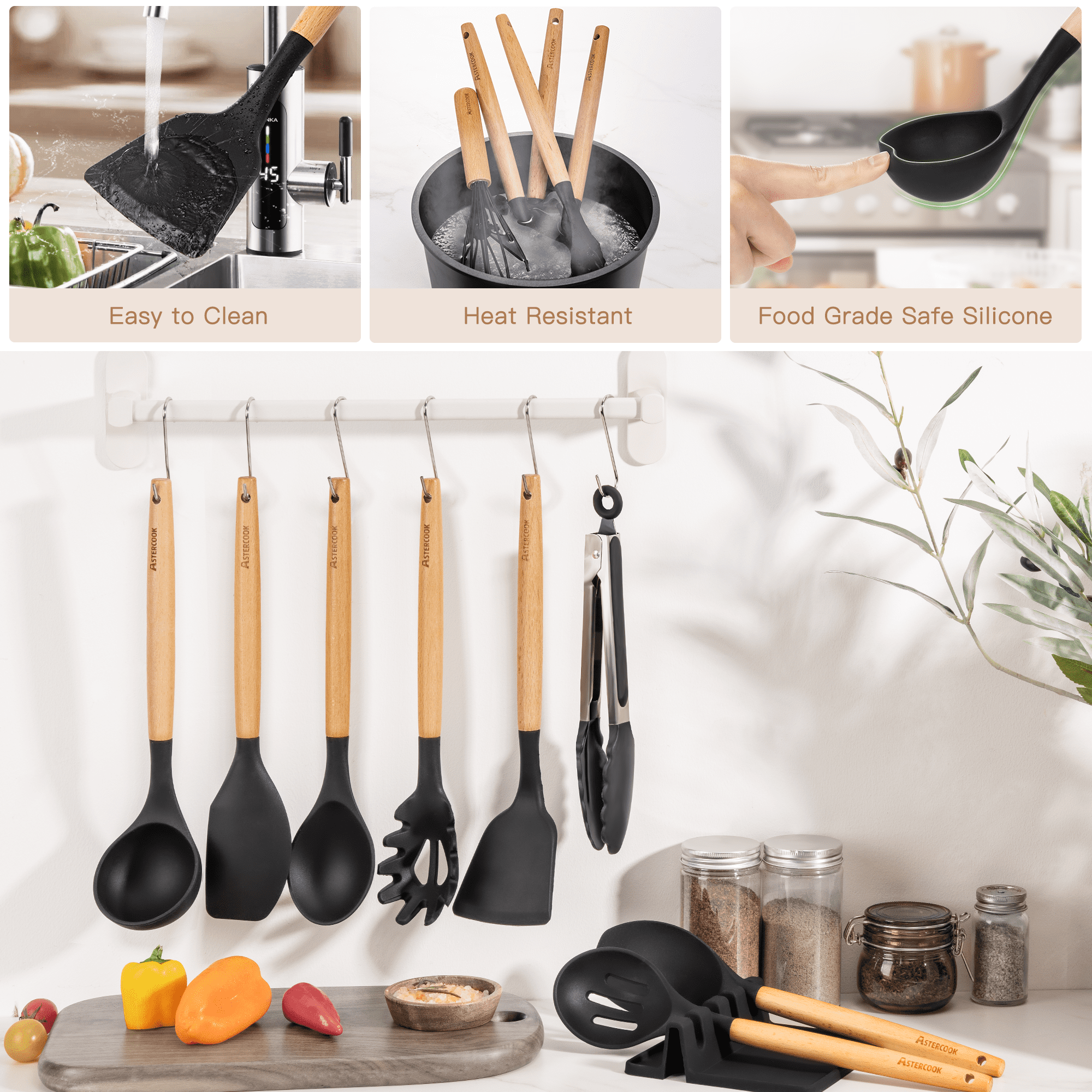 Astercook Silicone Cooking Utensils Set, 38 PCS Kitchen Utensils Set for 446°F Heat Resistant, Food Grade Utensil Sets with Wooden Handle, Kitchen Gadgets for Nonstick Cookware BPA Free (Black)