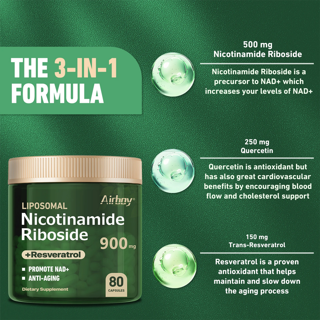 4-in-1 NAD+ Booster Supplement with Nicotinamide Riboside, Resveratrol, Quercetin & NMN – Cellular Energy & Anti-Aging Support – 80 High-Purity Capsules