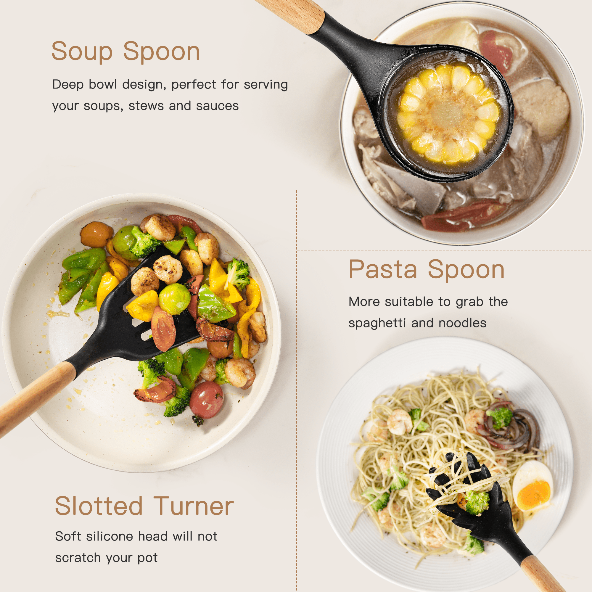 Astercook Silicone Cooking Utensils Set, 38 PCS Kitchen Utensils Set for 446°F Heat Resistant, Food Grade Utensil Sets with Wooden Handle, Kitchen Gadgets for Nonstick Cookware BPA Free (Black)