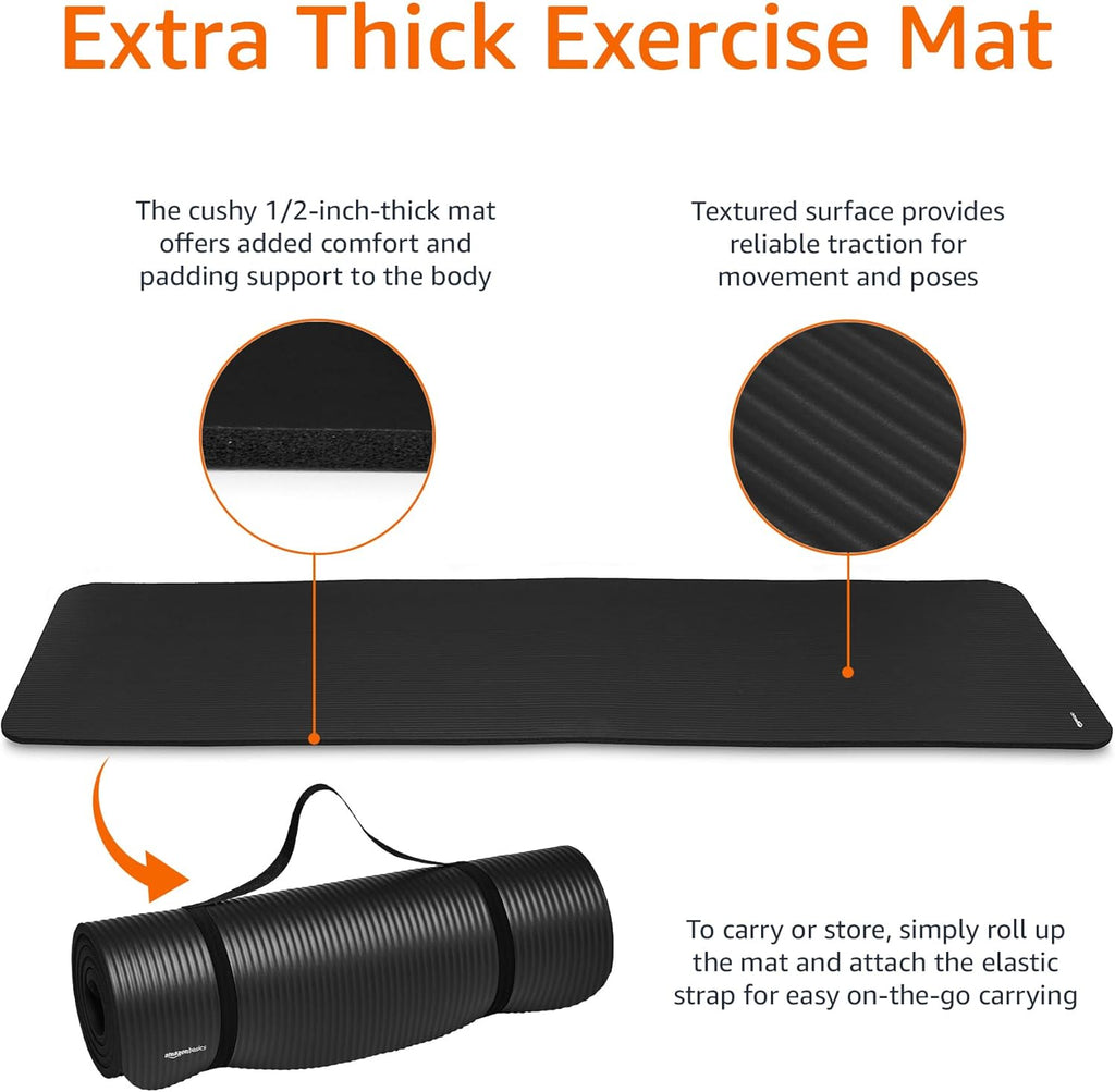 Amazon Basics 1/2 Inch Extra Thick Exercise Yoga Mat with Carrying Strap, Cushioned Support, for Fitness and Gym Workouts