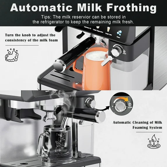 Bluebow All-in-One Espresso Machine with Grinder, 20-Bar Automatic Coffee Maker, Built-in Milk Frother for Latte & Cappuccino, Single/Double Shot Brew, Touchscreen - Stainless Steel