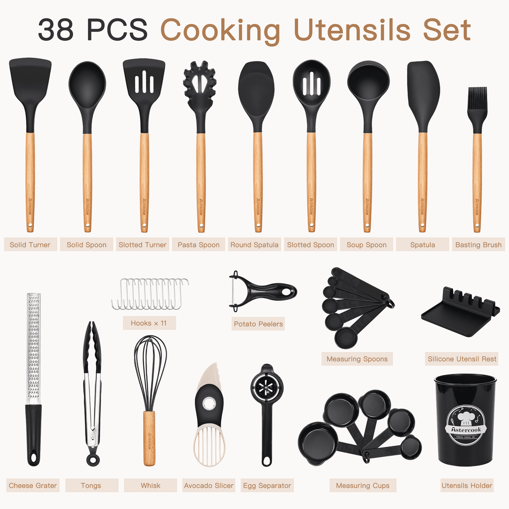 Astercook Silicone Cooking Utensils Set, 38 PCS Kitchen Utensils Set for 446°F Heat Resistant, Food Grade Utensil Sets with Wooden Handle, Kitchen Gadgets for Nonstick Cookware BPA Free (Black)