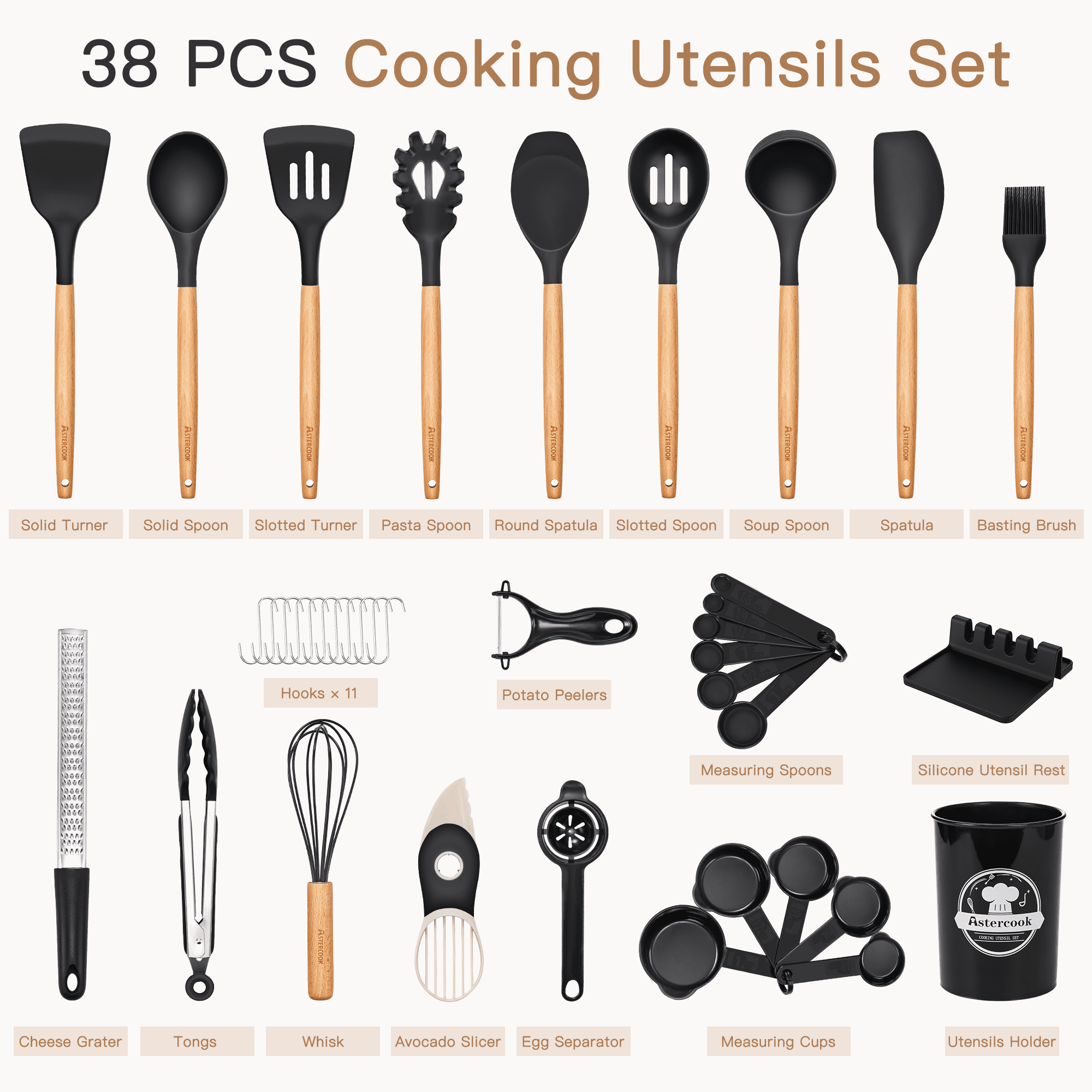 Astercook Silicone Cooking Utensils Set, 38 PCS Kitchen Utensils Set for 446°F Heat Resistant, Food Grade Utensil Sets with Wooden Handle, Kitchen Gadgets for Nonstick Cookware BPA Free (Black)