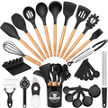 Astercook Silicone Cooking Utensils Set, 38 PCS Kitchen Utensils Set for 446°F Heat Resistant, Food Grade Utensil Sets with Wooden Handle, Kitchen Gadgets for Nonstick Cookware BPA Free (Black)