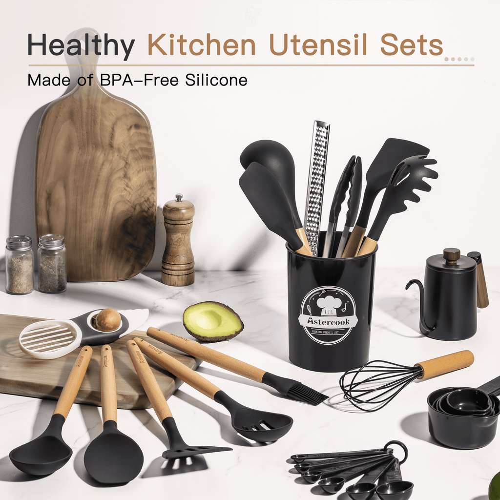 Astercook Silicone Cooking Utensils Set, 38 PCS Kitchen Utensils Set for 446°F Heat Resistant, Food Grade Utensil Sets with Wooden Handle, Kitchen Gadgets for Nonstick Cookware BPA Free (Black)